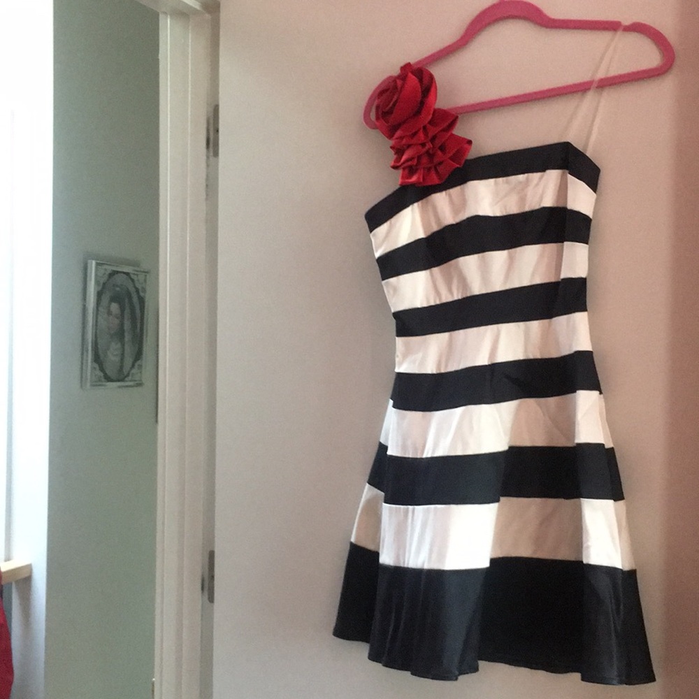 Black and White striped dress with red rose